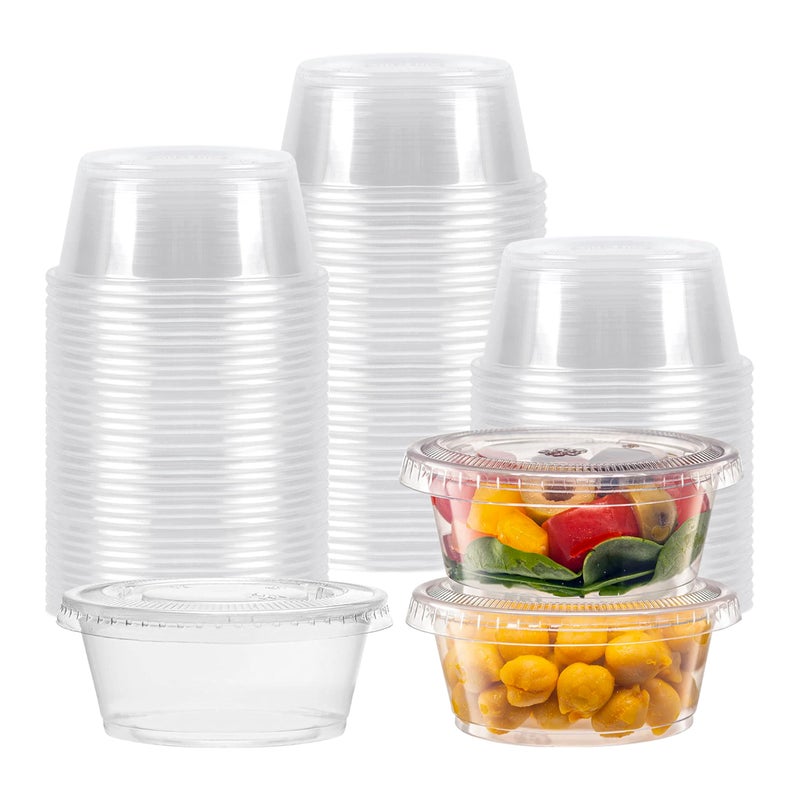 TashiBox 100 Sets 3.25 oz Plastic Disposable Portion Cups with Lids, Souffle Cups, Jello Cups, Snack Cups - Image 1